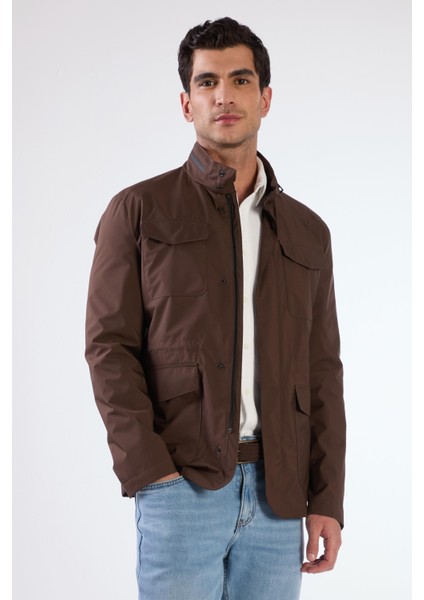 Kahverengi Erkek Regular Fit Düz Hakim Yaka Safari Mont