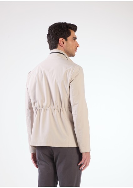 Bej Erkek Regular Fit Düz Renk Hakim Yaka Safari Mont