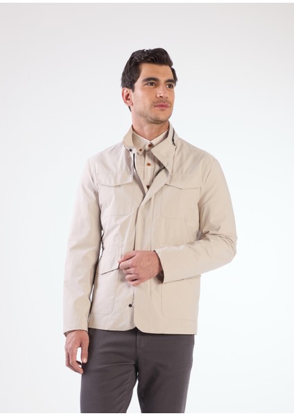 Bej Erkek Regular Fit Düz Renk Hakim Yaka Safari Mont