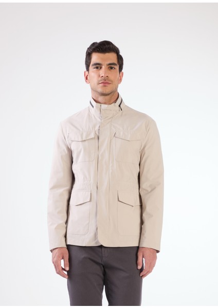 Bej Erkek Regular Fit Düz Renk Hakim Yaka Safari Mont