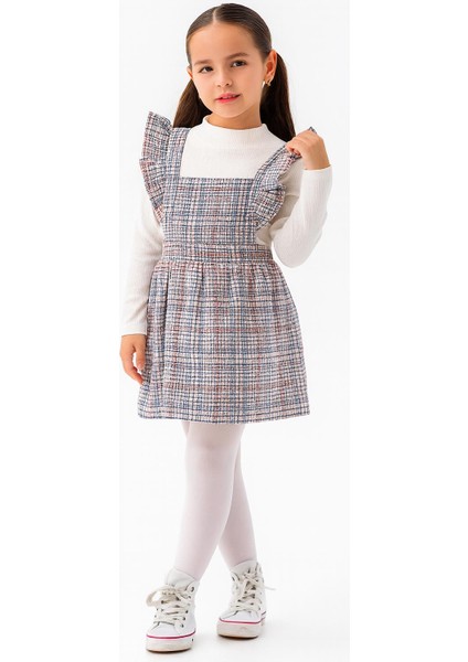 Kız Çocuk Ekose Askılı Elbise Takım – Fırfır Detaylı & Uzun Kollu BLUZ-1570-M fırsatları