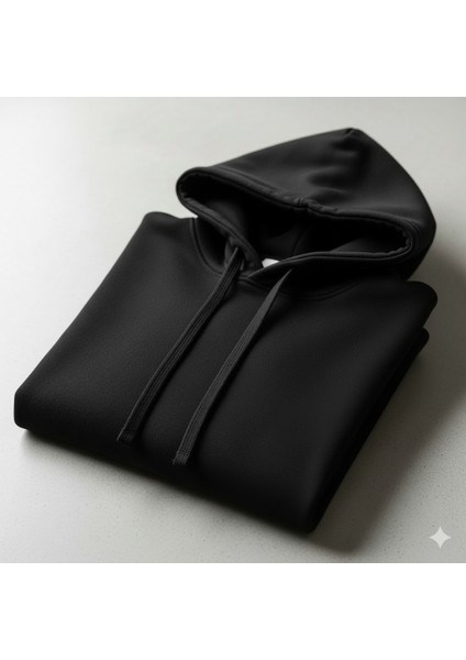 Relax Fit Kapüşonlu Kanguru Cepli Kalın Basic Düz Siyah Sweatshirt Içi Polarlı modelleri