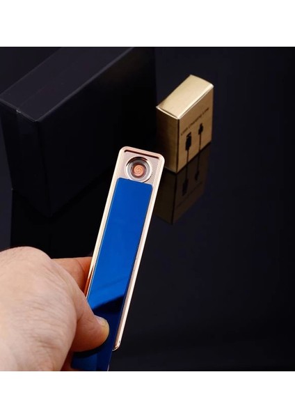 Şık Görünümlü USB Şarjlı Rezistanslı Ince Slim Metal Çakmak (Mavi)