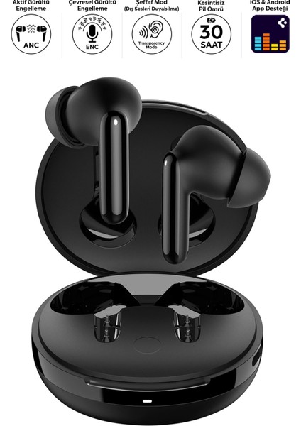 Audio TWS S10 Bluetooth Kablosuz Kulaklık - ANC Aktif Gürültü Engelleme + ENC 6 Mikrofon - 10mm Sürücü - 30 Saat Pil - iOS & Android EQ App Şeffaf & Gaming Mod iPX4 Siyah - ASD07886