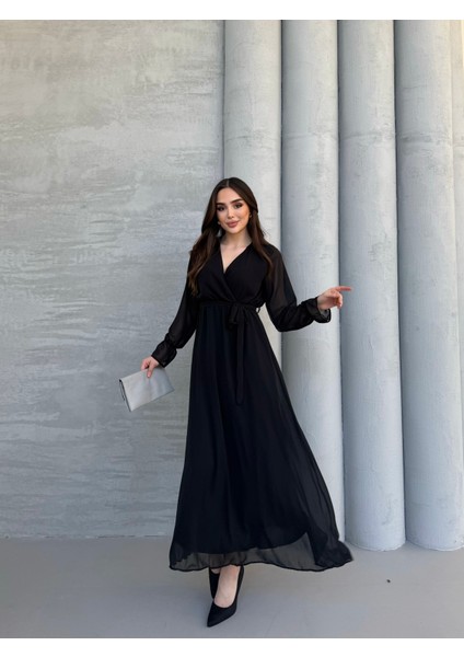 Lastikli Volan Kol Detaylı Kruvaze Salaş Şifon Elbise