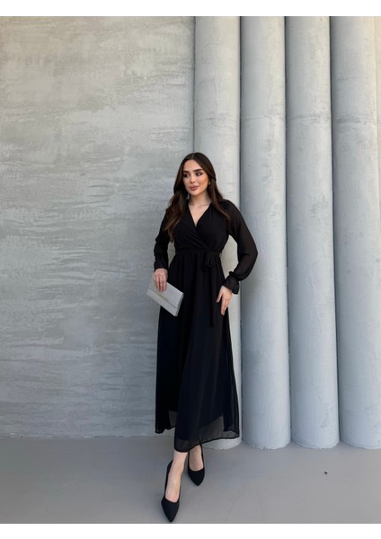 Lastikli Volan Kol Detaylı Kruvaze Salaş Şifon Elbise modelleri