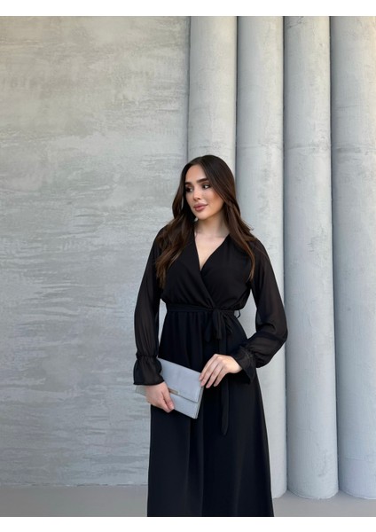 Lastikli Volan Kol Detaylı Kruvaze Salaş Şifon Elbise indirimleri