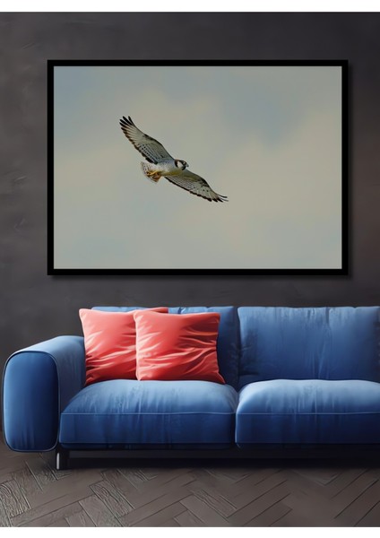 Çerçeve Görünümlü Gökyüzünde Süzülen Şahin Yağlı Boya Görünümlü Dekoratif Ahşap Ofis Kare Tablo