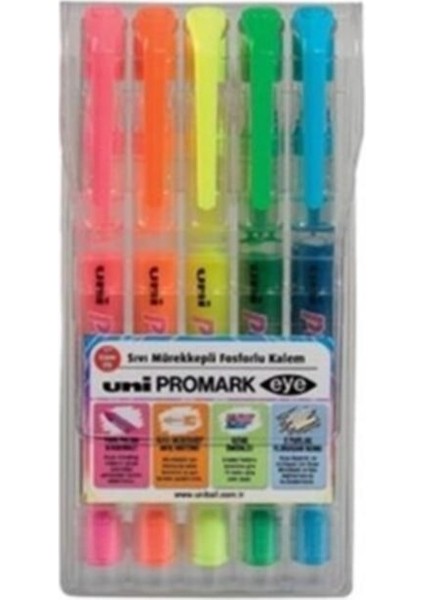 Uni Promark Eye Cep Tipi Fosforlu Kalem (Işaretleme Kalemi) 1.5 - 4mm 5 Renk USP-105/5C (5 Li Set)