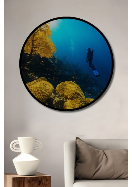 Çerçeve Görünümlü Deniz Dibi Mercanları ve Dalış Yağlı Boya Görünümlü Ahşap Ofis Yuvarlak Tablo