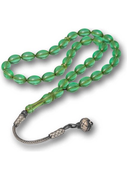 Gümüş Top Kazaz Püsküllü Yeşil Sıkma Kehribar Tesbih