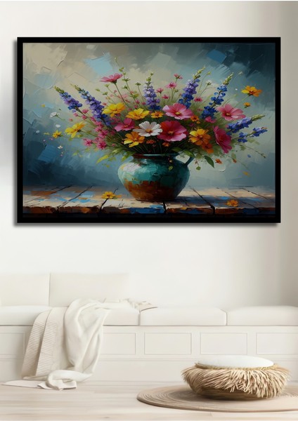 Çerçeve Görünümlü Vazoda Çiçek Şöleni Yağlı Boya Görünümlü Dekoratif Ahşap Işyeri/ofis Kare Tablo