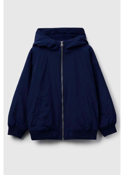 Erkek Çocuk Lacivert Fermuarlı Ribana Detaylı Kapüşonlu Ceket