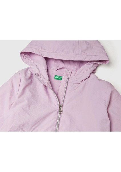 Kız Bebek Lila Beli ve Kolu Lastikli Fermuarlı Kapüşonlu Yağmurluk modelleri