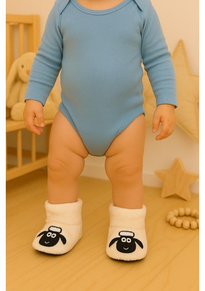 Bebek & Çocuk Kaydırmaz Tabanlı Ev Botu / Panduf / Kışlık Peluş Bot / Kuzucuk Desenli