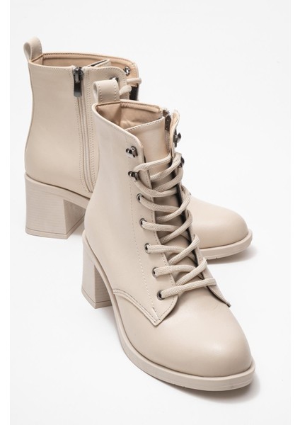 Kadın Topuklu Kancalı Bağcıklı Bot Bej Cilt