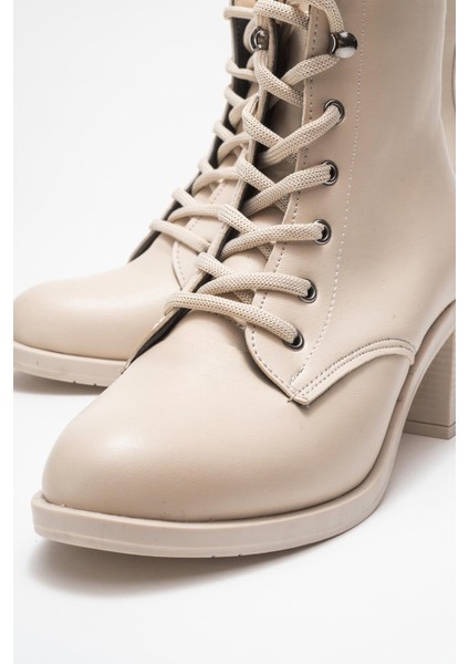 Kadın Topuklu Kancalı Bağcıklı Bot Bej Cilt modelleri