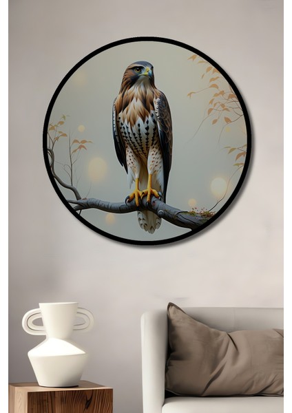 Çerçeve Görünümlü Ağaç Dalında Yağlı Boya Görünümlü Şahin Ofis Dekoratif Ahşap Yuvarlak Tablosu