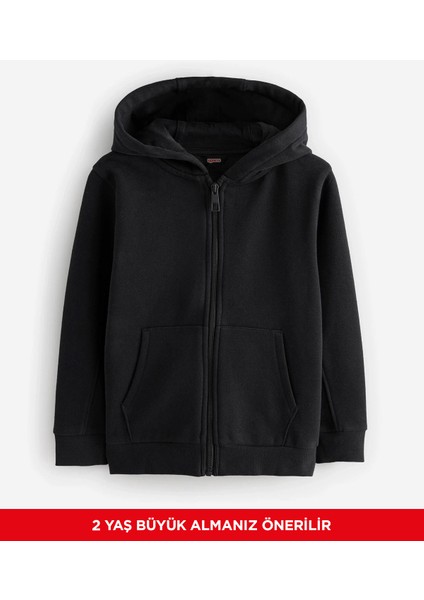 Erkek Çocuk Basic Düz Kapüşonlu Fermuarlı Sweatshirt