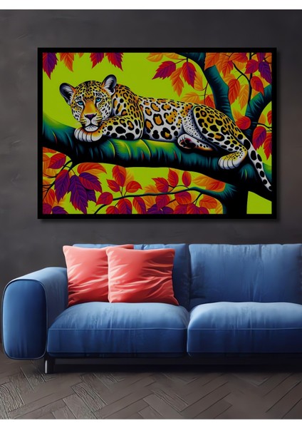 Çerçeve Görünümlü Tropikal Leopar Rüyası Yağlı Boya Görünümlü Dekoratif Ahşap Ofis Kare Tablo