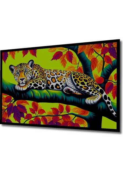 Çerçeve Görünümlü Tropikal Leopar Rüyası Yağlı Boya Görünümlü Dekoratif Ahşap Ofis Kare Tablo fiyatları