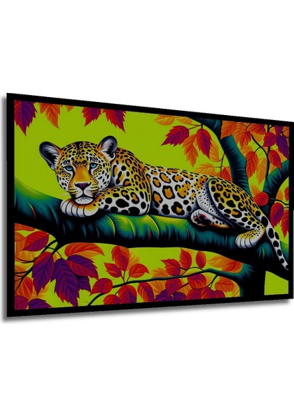 Çerçeve Görünümlü Tropikal Leopar Rüyası Yağlı Boya Görünümlü Dekoratif Ahşap Ofis Kare Tablo modelleri