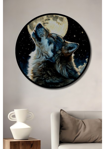 Çerçeve Görünümlü Dolunayda Uluyan Kurt Yağlı Boya Görünümlü Dekoratif Ahşap Ofis Yuvarlak Tablo