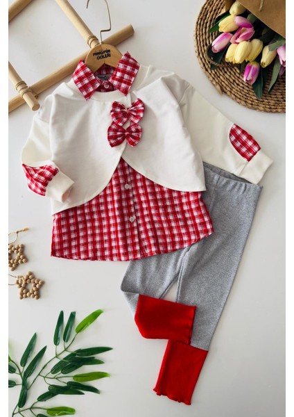 Pötikare Detaylı Fiyonklu Kız Çocuk 2 li takım - Kırmızı