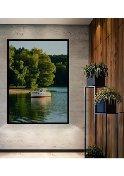 Çerçeve Görünümlü Huzurlu Göl Kenarı Tekne Manzarası Dekoratif Ahşap Ev/işyeri/ofis Kare Tablo