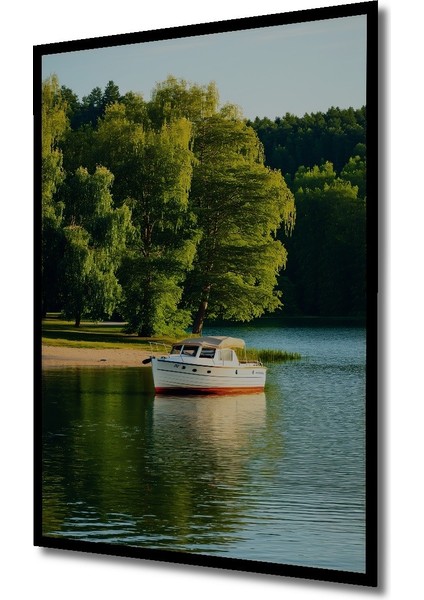 Çerçeve Görünümlü Huzurlu Göl Kenarı Tekne Manzarası Dekoratif Ahşap Ev/işyeri/ofis Kare Tablo fiyatları