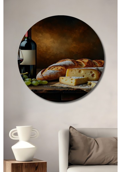 Şarap Peynir Ekmek Üçlemesi Yağlı Boya Görünümlü Dekoratif Ahşap Ev/işyeri/ofis Yuvarlak Tablo