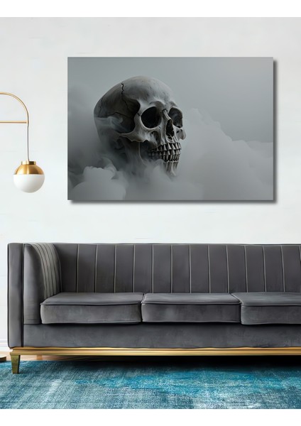 Duman Içindeki Kurukafa Yağlı Boya Görünümlü Dekoratif Ahşap Ev/işyeri/ofis Kare Tablo