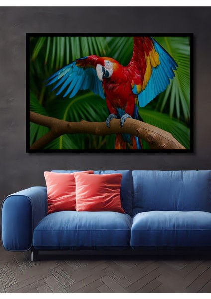 Çerçeve Görünümlü Tropikal Cennet Papağanı Yağlı Boya Görünümlü Dekoratif Ahşap Ofis Kare Tablo