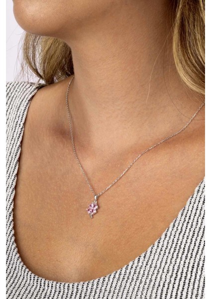 Pembe Taşlı Dört Yapraklı Yonca Kadın Gümüş Kolye modelleri