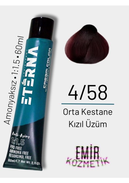 Amonyaksız Doğal Saç Boyası - 4/58 Orta Kestane Kızıl Üzüm