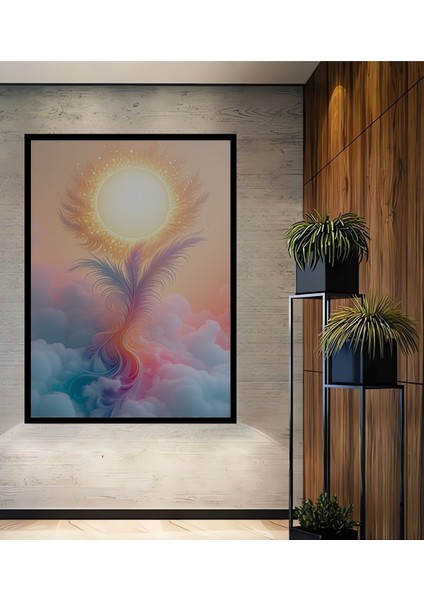 Çerçeve Görünümlü Tüyden Güneş Pastel Boya Görünümlü Dekoratif Ahşap Ev/işyeri/ofis Kare Tablo