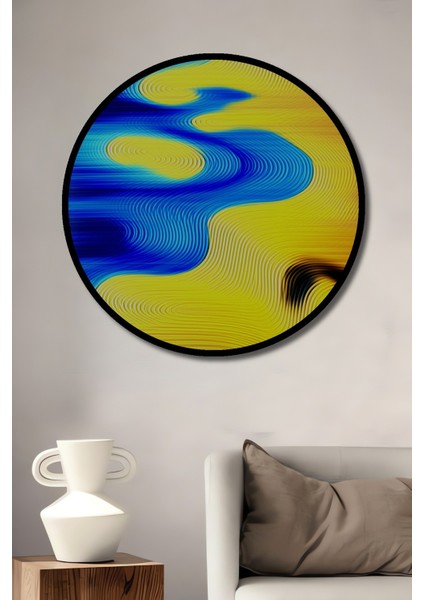 Çerçeve Görünümlü Soyut Mavi Sarı Dalgalanma Yağlı Boya Görünümlü Ahşap Ofis Yuvarlak Tablo