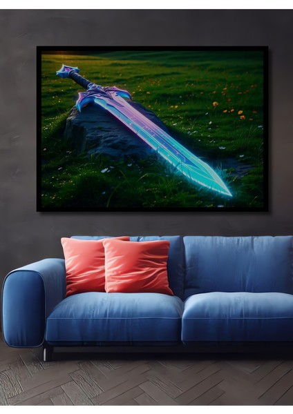 Çerçeve Görünümlü Neon Işıltılı Fantastik Kılıç Dekoratif Ahşap Ev/işyeri/ofis Kare Tablo