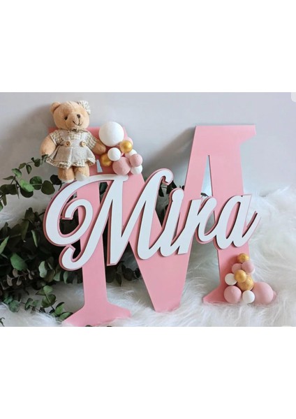 Isme Özel Çocuk ve Bebek Odası Harf Üzeri Isimli Kapı ve Duvar Süsü Pano Isimlik (Pembe)