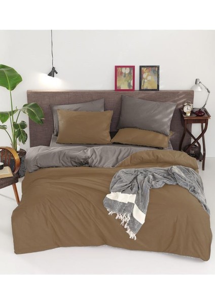 Natural Çift Taraflı Çift Kişilik Nevresim Takımı Kahve Gri