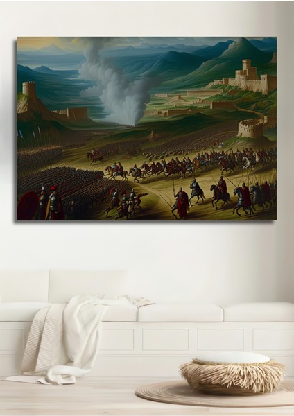 Epik Savaş Alanı Yağlı Boya Görünümlü Dekoratif Ahşap Ev/işyeri/ofis Kare Tablo