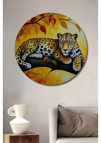 Ağaç Dalında Yatan Jaguar Yağlı Boya Görünümlü Ev/işyeri/ofis Dekoratif Ahşap Yuvarlak Tablo