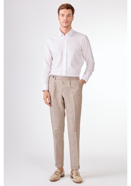 Kahverengi Erkek Slim Fit Çizgili Keten Pantolon - 104544 fırsatları