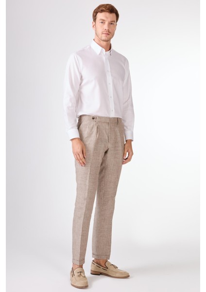 Kahverengi Erkek Slim Fit Çizgili Keten Pantolon - 104544 indirimleri