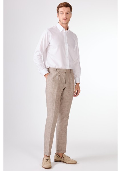 Kahverengi Erkek Slim Fit Çizgili Keten Pantolon - 104544