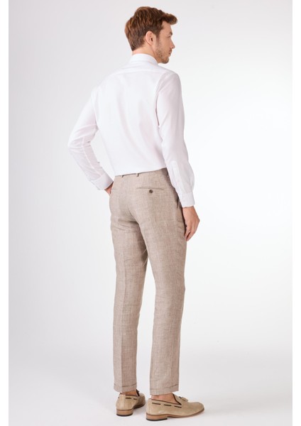 Kahverengi Erkek Slim Fit Çizgili Keten Pantolon - 104544