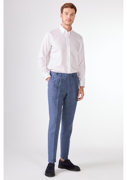 Indigo Erkek Slim Fit Çizgili Keten Pantolon - 104537
