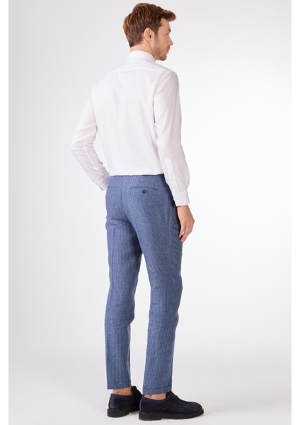 Indigo Erkek Slim Fit Çizgili Keten Pantolon - 104537
