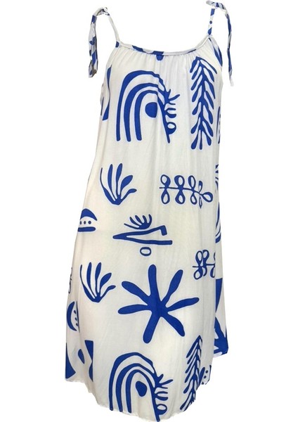 5093E Otantik Baskılı %100 Pamuk Ip Askılı Elbise