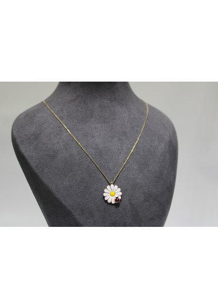 14 Ayar Gerçek Altın Uğurböcekli Papatya Model Kolye